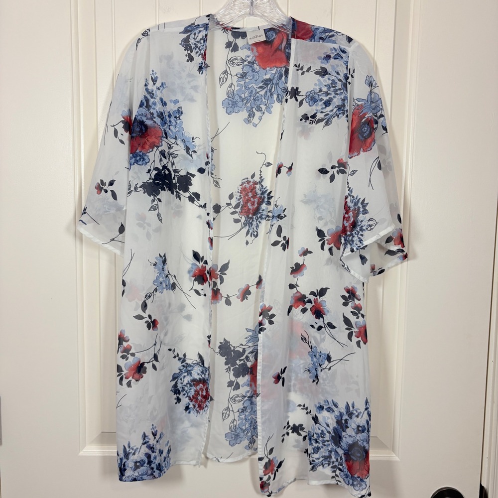 Kaileigh Floral Chiffon Kimono Cardigan White Blue Red S USA Made Garden Party